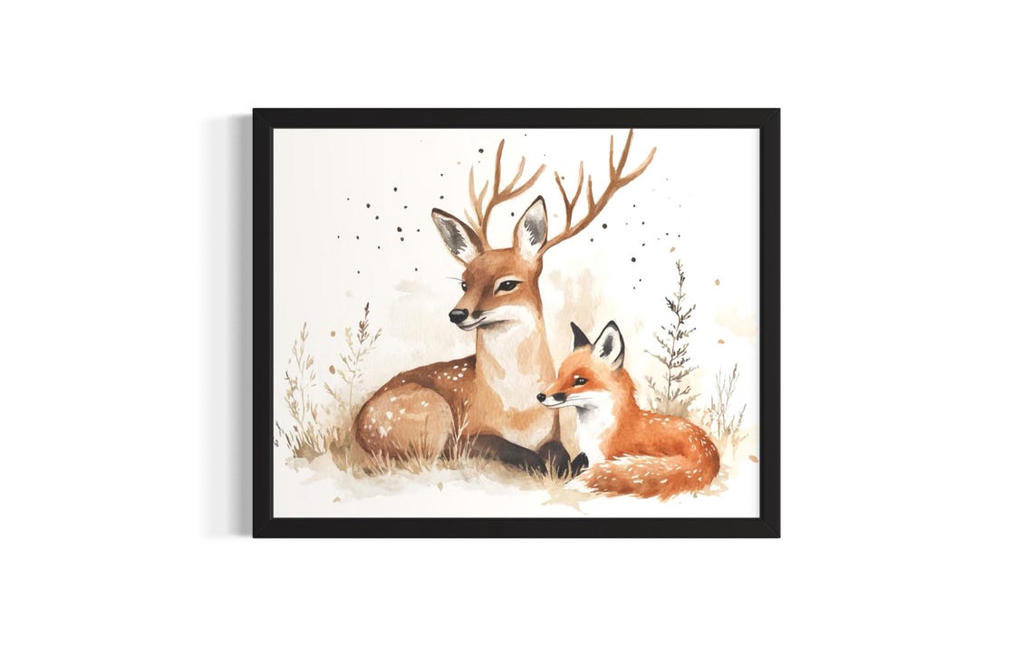 Deer and Red Fox Resting Together Watercolor Woodland Poster