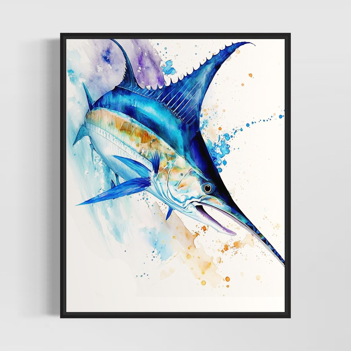 Blue Marlin Leaping In Dynamic Watercolor Sport Fishing Poster