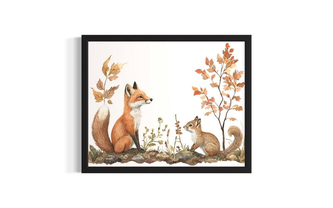 Sweet Red Fox and Squirrel in Autumn Leaves Watercolor Poster