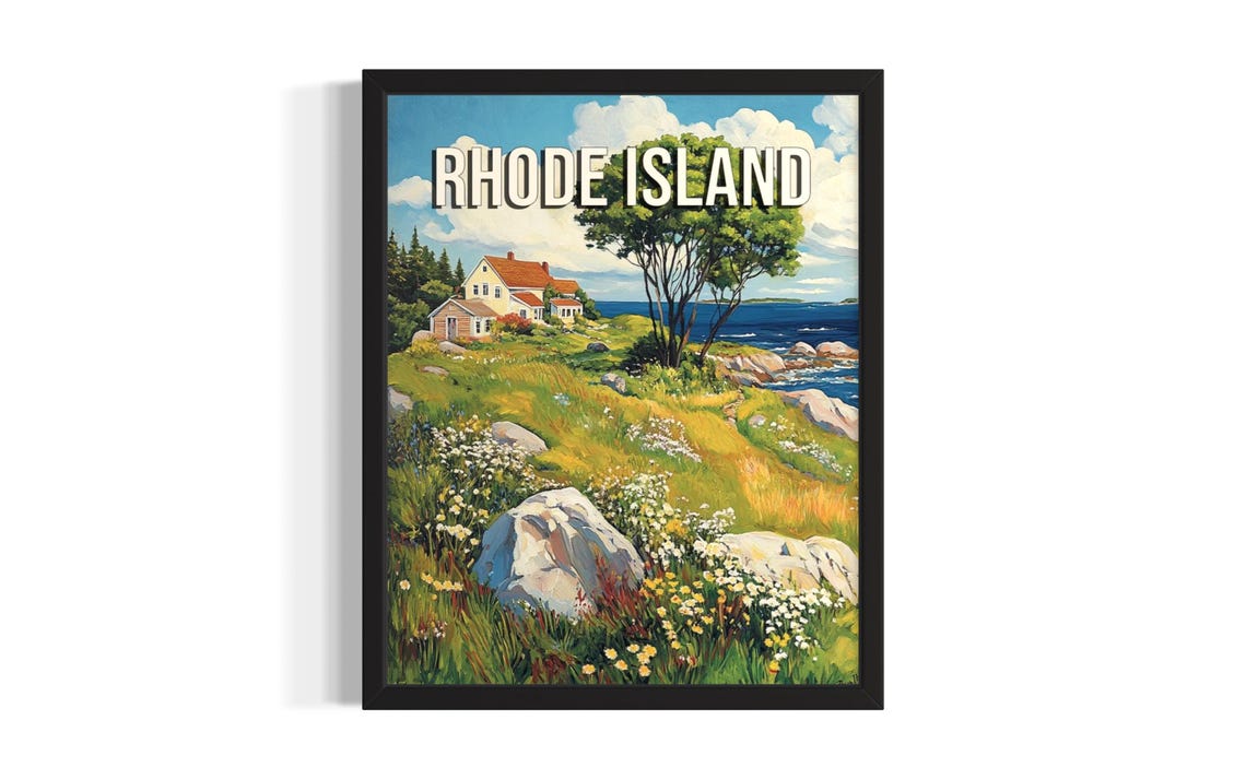 Rhode Island Summer Coastal House Wildflower Meadow Ocean View Poster
