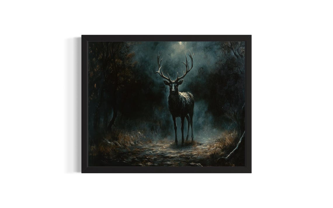Majestic Stag Under Moonlight in a Dark Forest Wildlife Art Poster