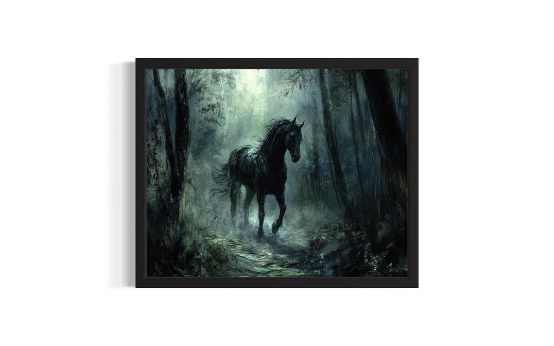 Black Horse Walking in a Misty Moonlit Forest Dark Gothic Art Poster