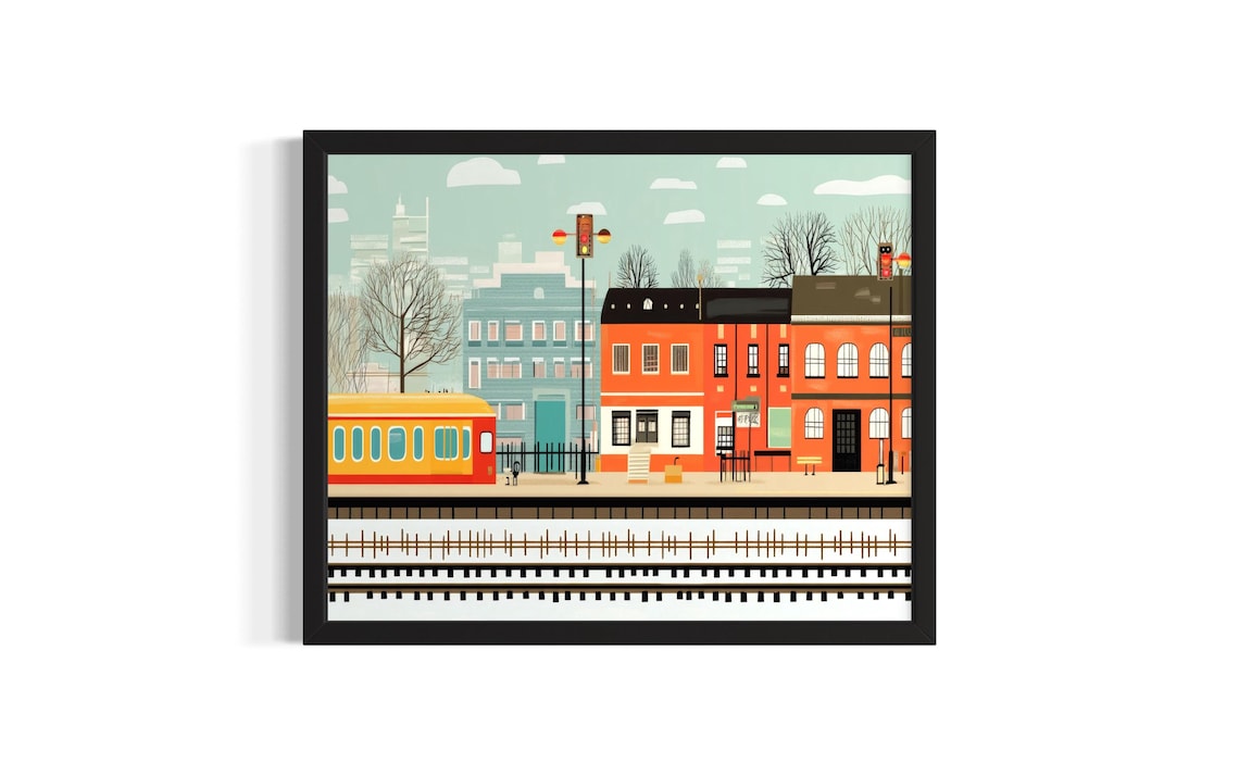 Snowy Train Station Platform Flat Illustration Retro Travel Art Poster