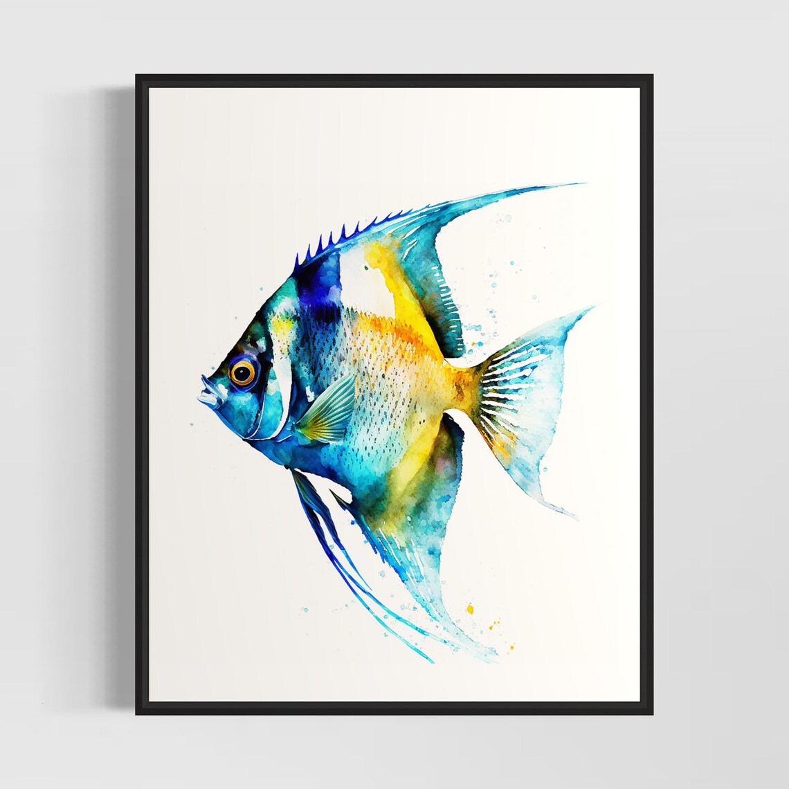 Emperor Angelfish With Yellow Stripes On Blue Watercolor Art Poster