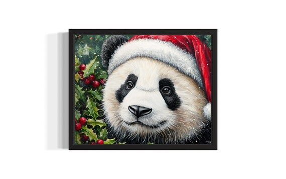 Giant Panda in Santa Hat with Christmas Holly Berries Painting Poster
