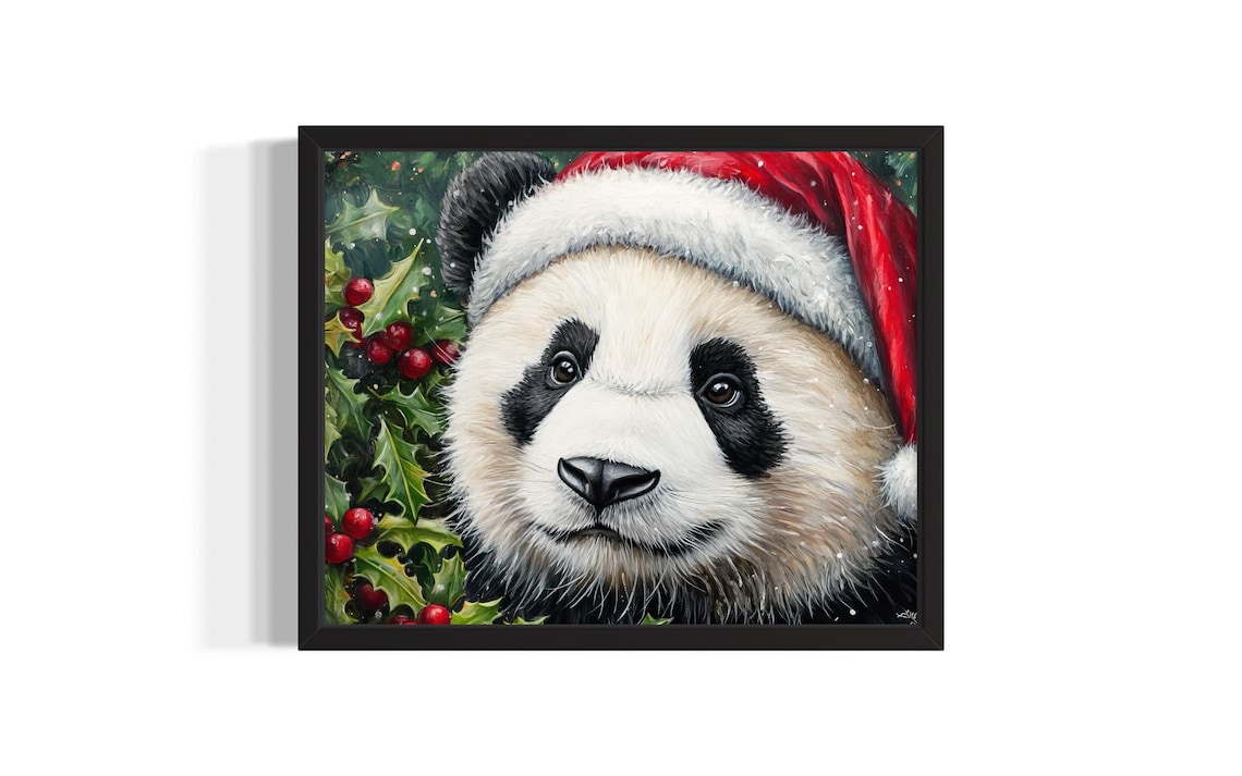 Giant Panda in Santa Hat with Christmas Holly Berries Painting Poster