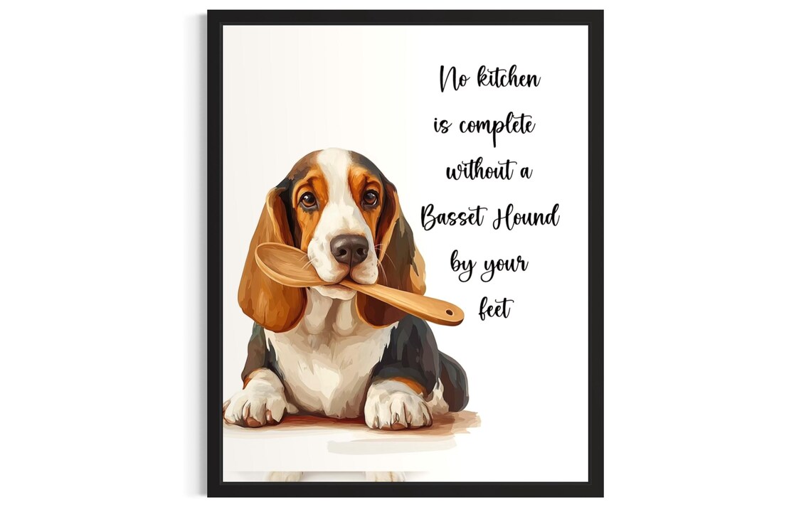 Watercolor Basset Hound Dog Holding Wooden Spoon Kitchen Quote Poster