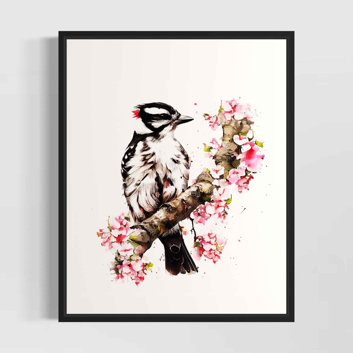 Downy Woodpecker Clinging to Cherry Blossom Watercolor Poster