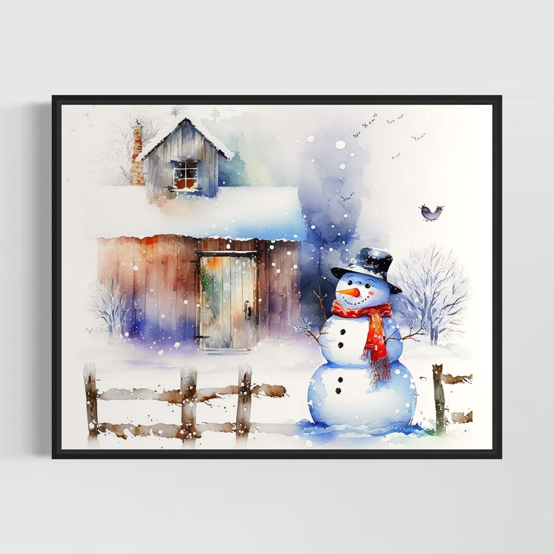 Snowman With Top Hat and Red Scarf Winter Village Watercolor Poster
