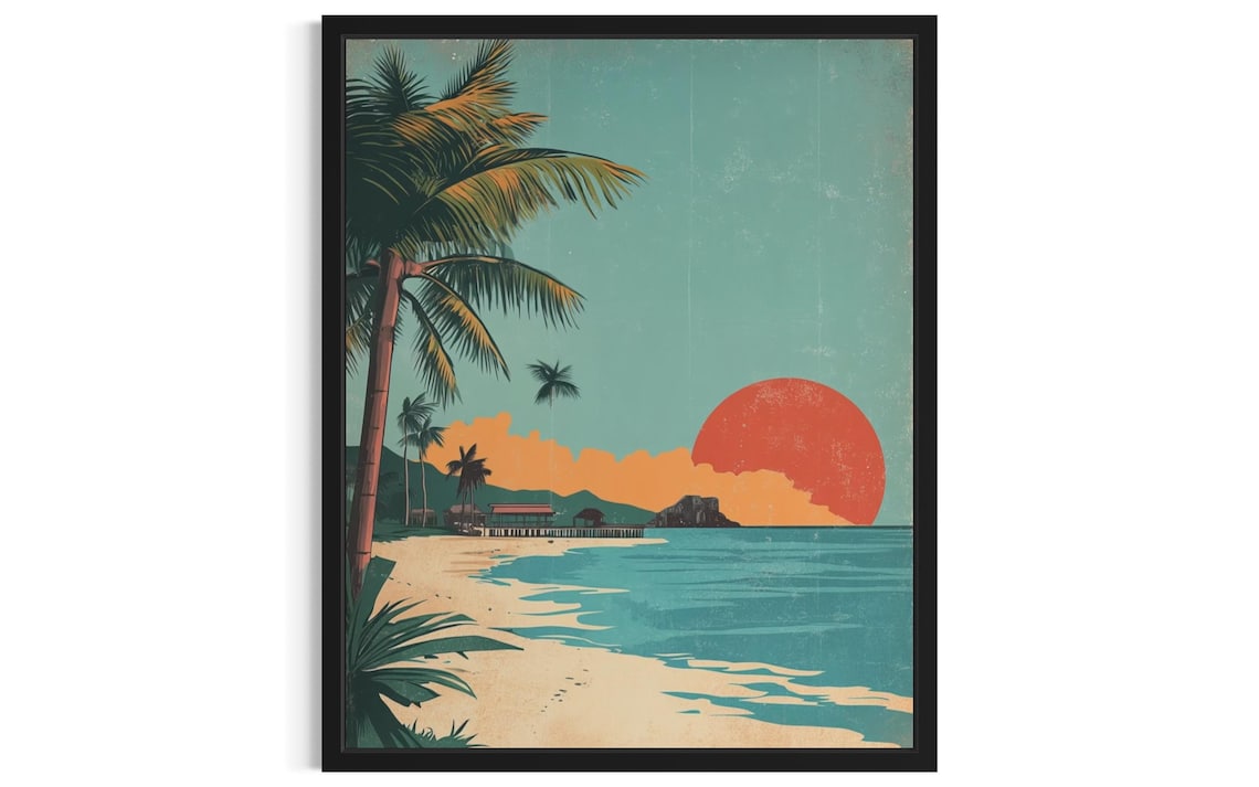 Palm Tree Big Red Sun Pier Ocean Retro Vintage Travel Poster