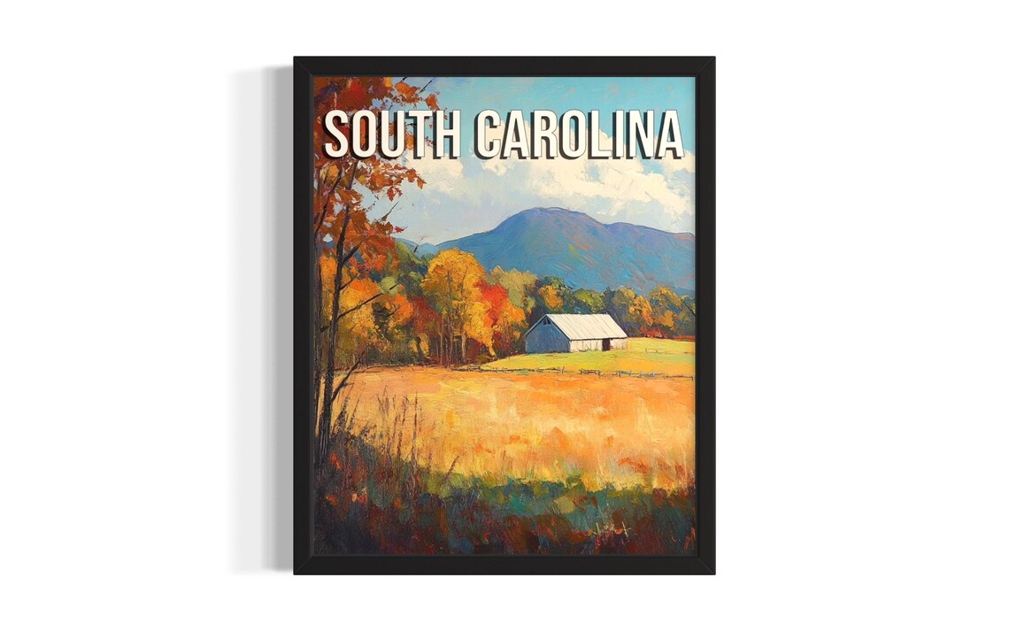 South Carolina Fall Mountain Autumn Foliage Farm Barn Landscape Poster
