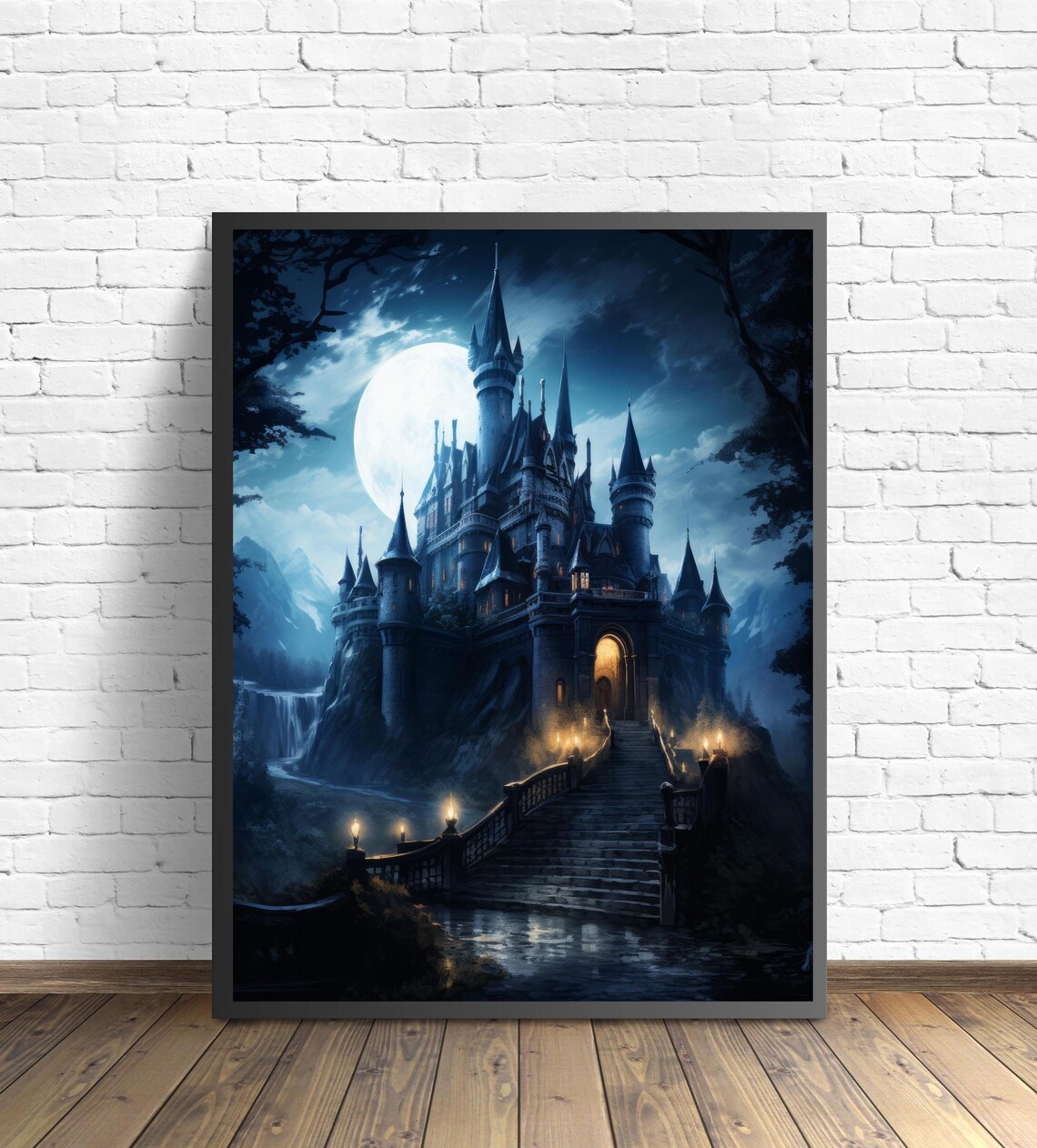 Gothic Castle Under A Huge Full Moon Fairytale Castle Night Poster