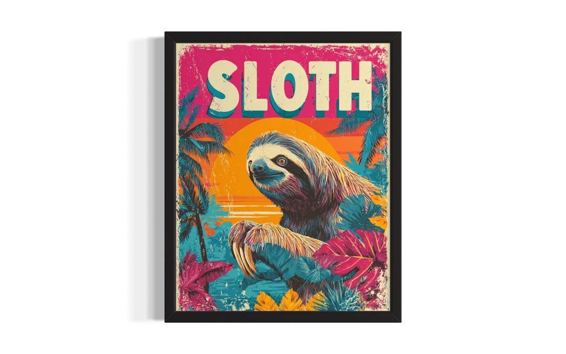 Sloth Tropical Sunset Palms Colorful Pop Art Animal Portrait Poster