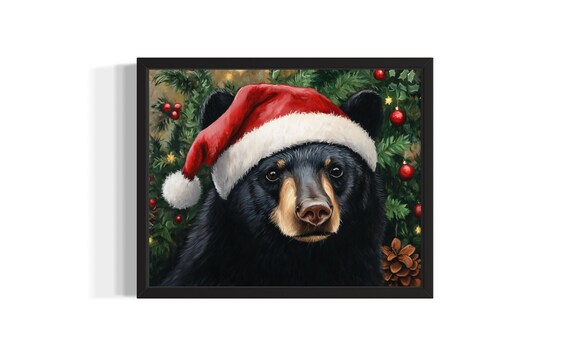 Black Bear in Santa Hat with Christmas Tree Ornaments Painting Poster