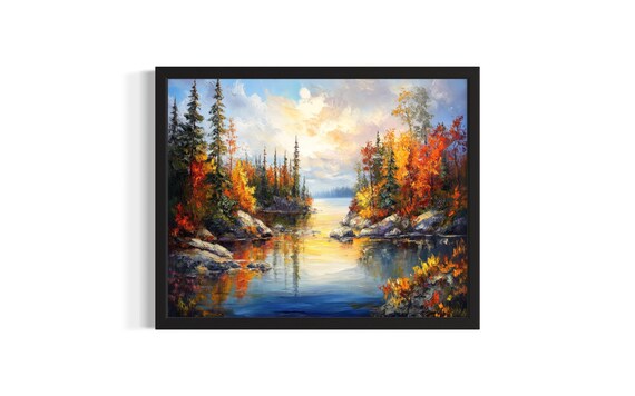 Autumn Lakeshore with Colorful Maples Rocky Shoreline Art Poster