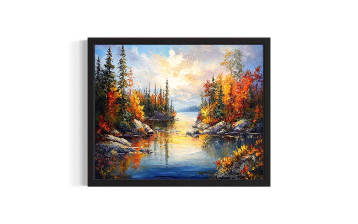 Autumn Lakeshore with Colorful Maples Rocky Shoreline Art Poster