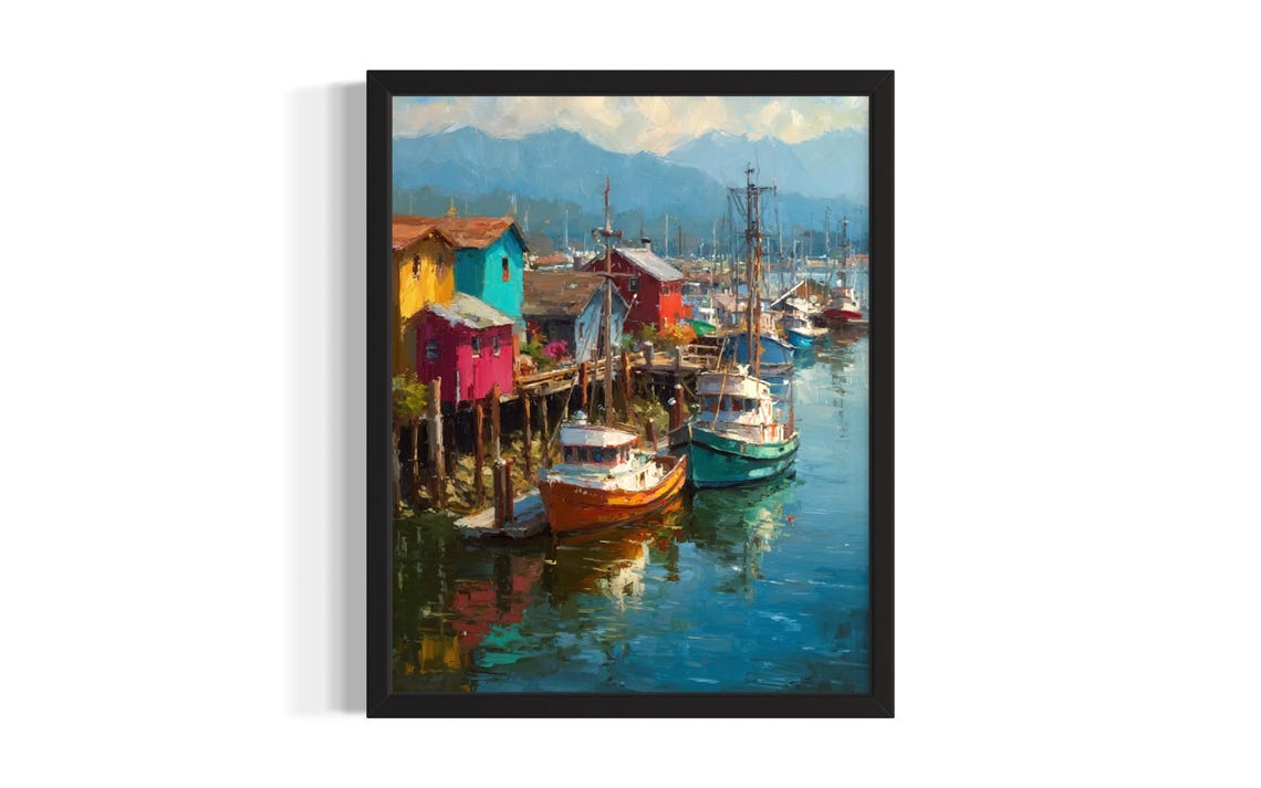 Washington Fishing Village States Poster Art Print Living Room Wall Original Painting Artwork Decor