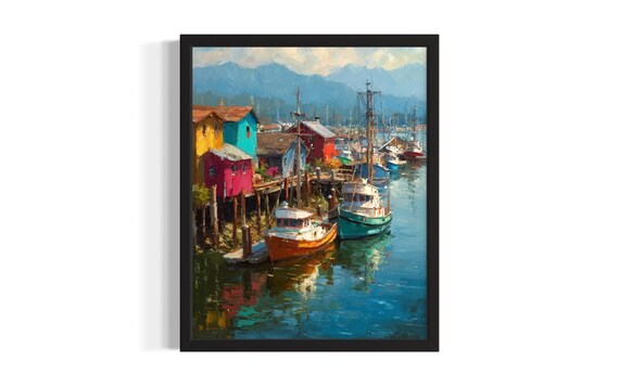 Washington Fishing Village Harbor Colorful Boats Waterfront Art Poster