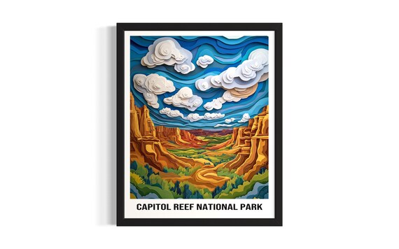 Capitol Reef National Park Golden Cliffs Colorful Paper Cut Travel Poster
