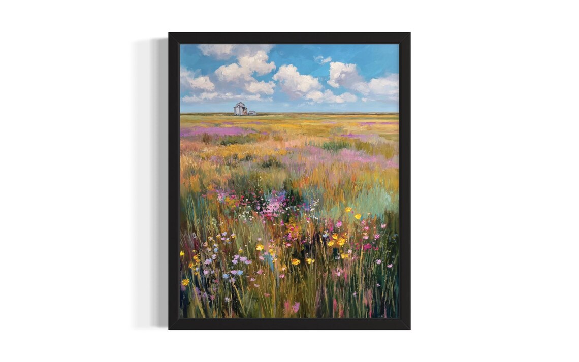 Prairie Wildflower Meadow Impressionist Painting With Farmhouse Poster