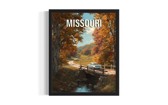 Missouri Autumn Road Classic Car Bridge Fall Foliage Vintage Travel Poster