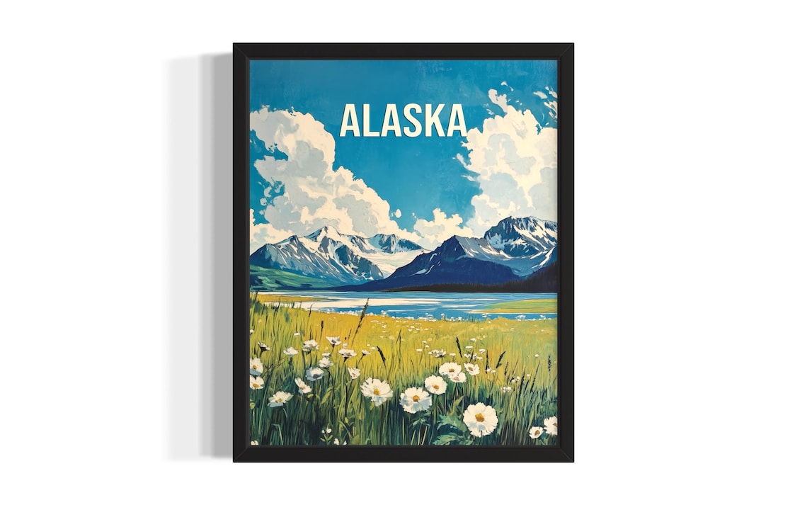 Alaska Wildflower Meadow Lake Snow Mountains Summer Travel Poster