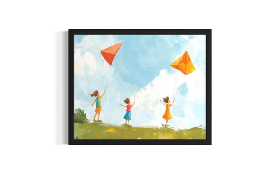 Flying Kite Children Nursery Poster Art Print Living Room Wall Original Painting Artwork Decor