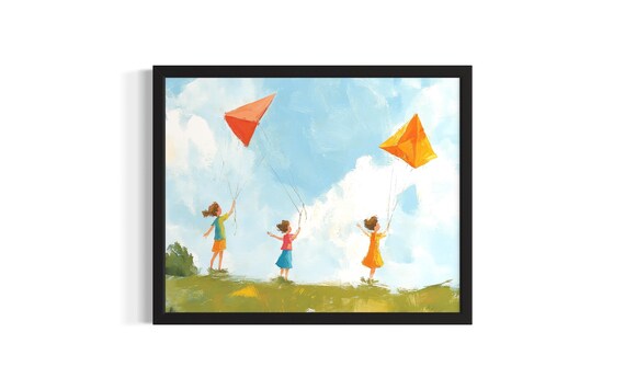 Kids Flying Kites Sunny Meadow Children Play Illustration Poster