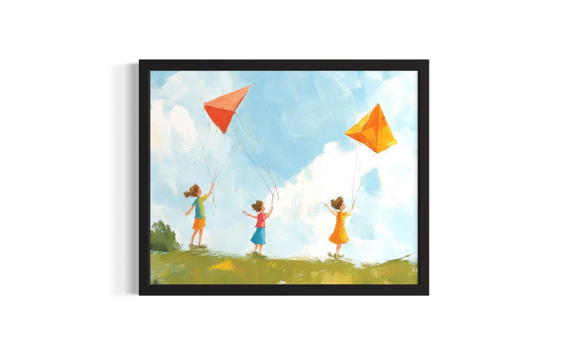 Kids Flying Kites Sunny Meadow Children Play Illustration Poster