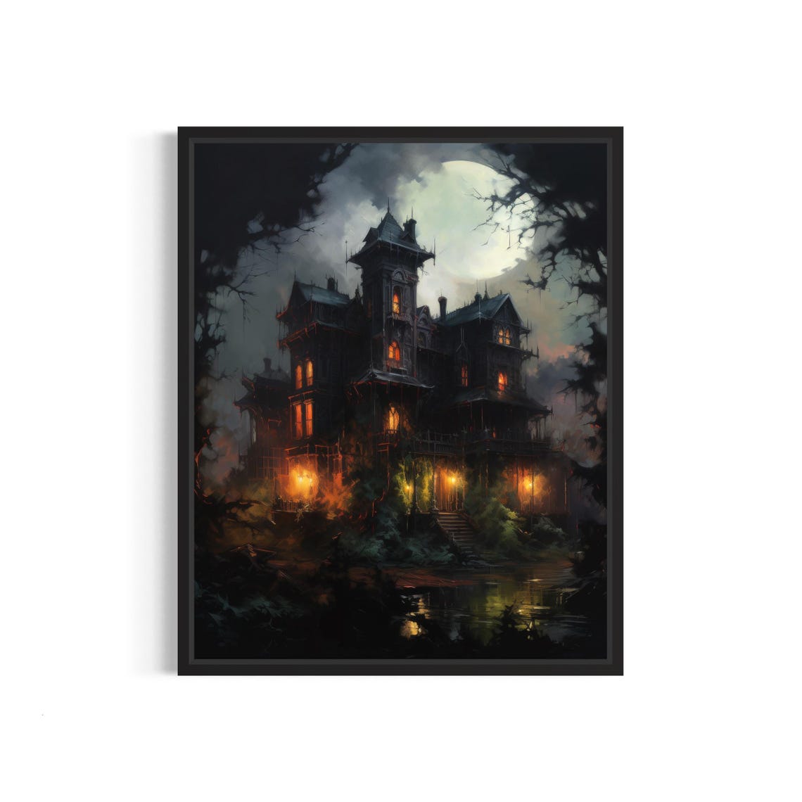 Haunted Victorian Mansion at Night Under a Pale Moon Horror Poster