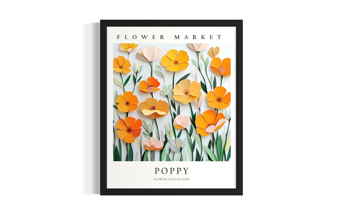 Poppy Flower Market 3D Paper Cut Orange Floral Botanical Art Poster