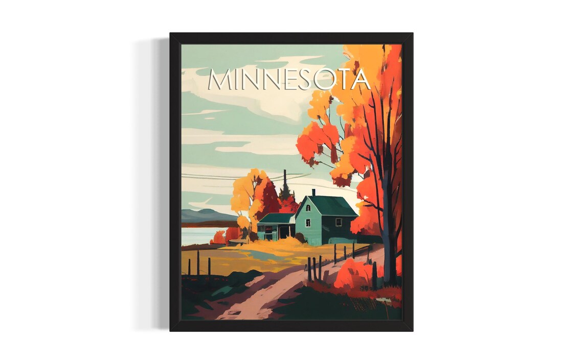 Minnesota Autumn Lakeside Cabin Golden Foliage Travel Poster