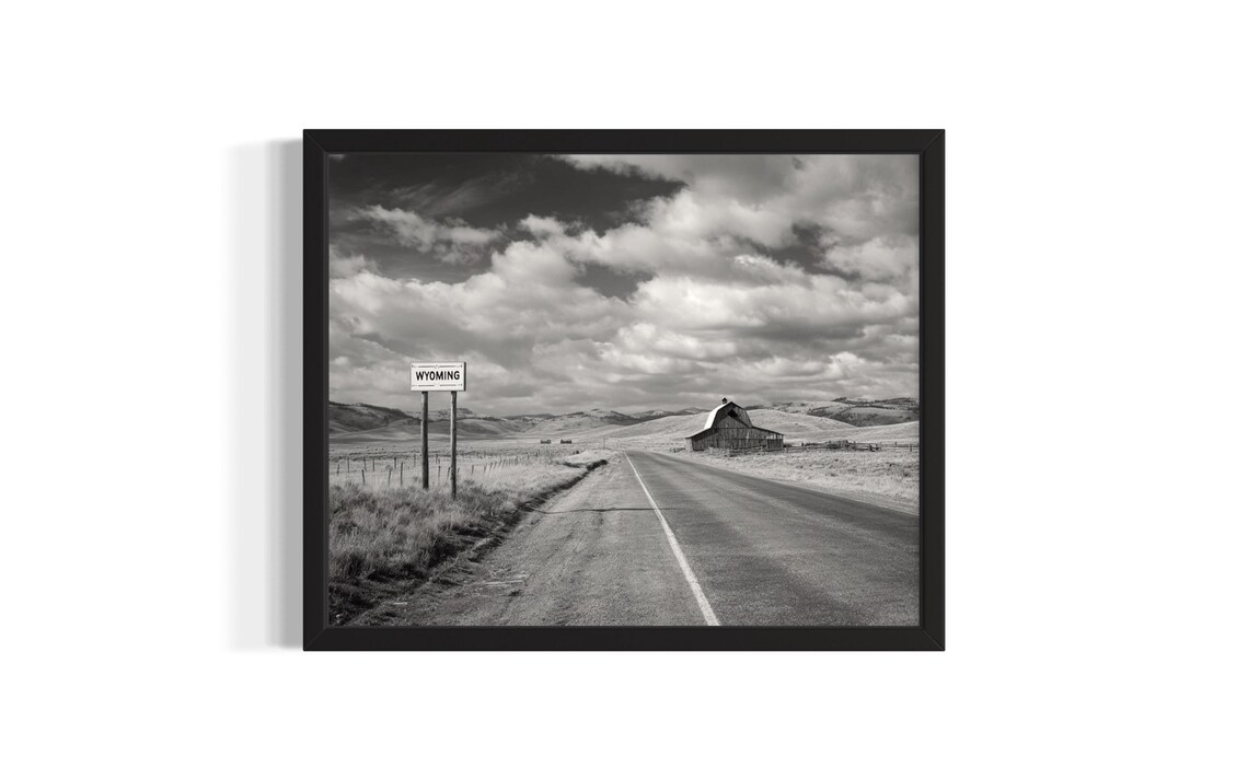 Wyoming Highway Sign Black and White Vintage Barn Road Photo Poster