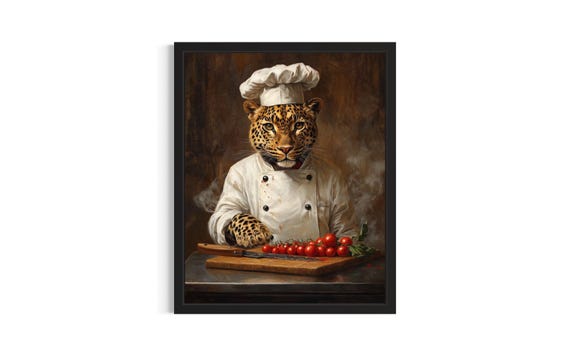 Leopard Animal Chef Poster Art Print Kitchen Wall Original Painting Artwork Decor