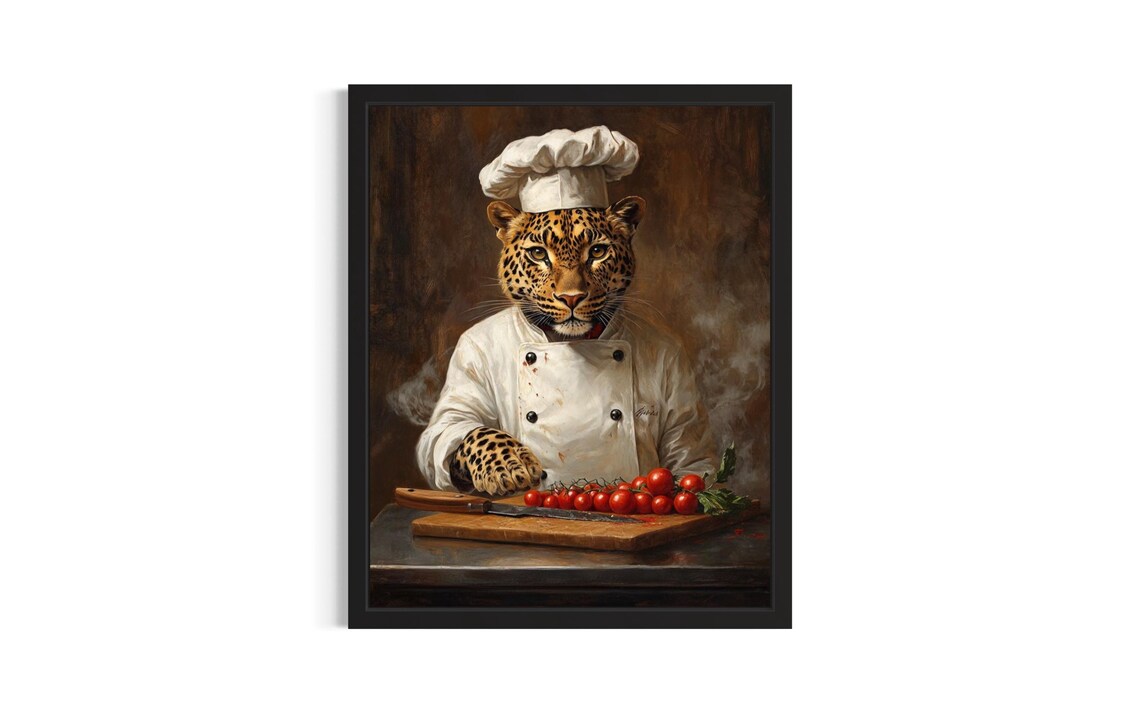 Leopard Chef Oil Painting Portrait Jungle Kitchen Decor Poster