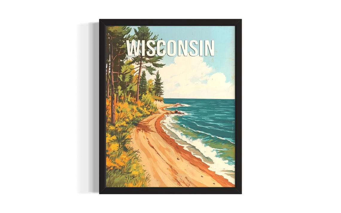 Wisconsin Vintage Pine Sandy Lakeshore Retro Beach Travel Poster