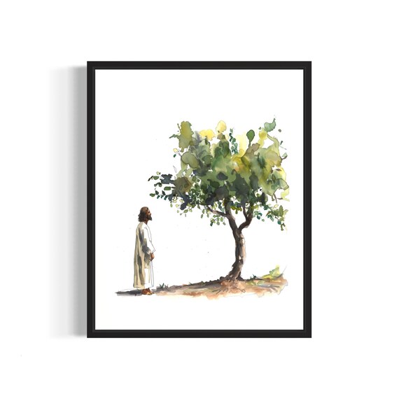 Serene Jesus Standing Quietly Beside the Fig Tree Watercolor Poster