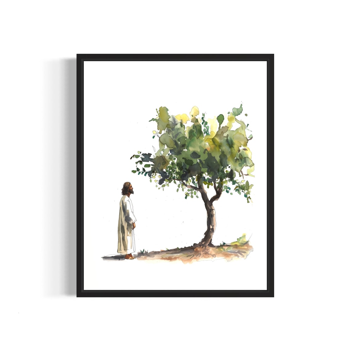 Serene Jesus Standing Quietly Beside the Fig Tree Watercolor Poster