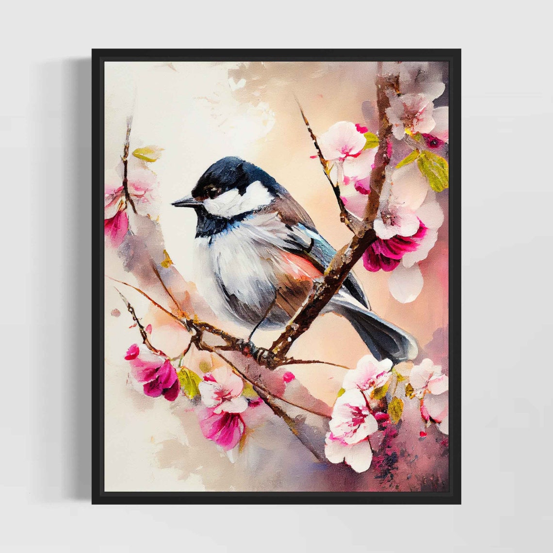 Chickadee Bird on Cherry Blossom Branch Spring Watercolor Art Poster