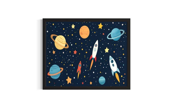 Spaceship And Stars Children Nursery Poster Art Print Living Room Wall Original Painting Artwork Decor