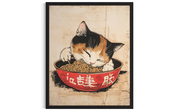 Calico Cat Eating Noodles Japanese Style Cute Animal Poster Artwork