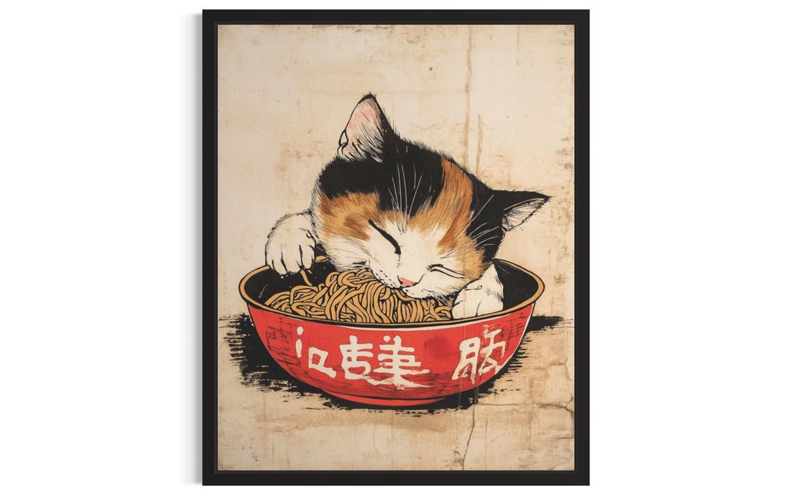 Calico Cat Eating Noodles Japanese Style Cute Animal Poster Artwork