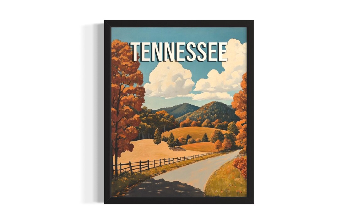 Tennessee Fall Country Road Orange Maple Trees Cabin Art Poster