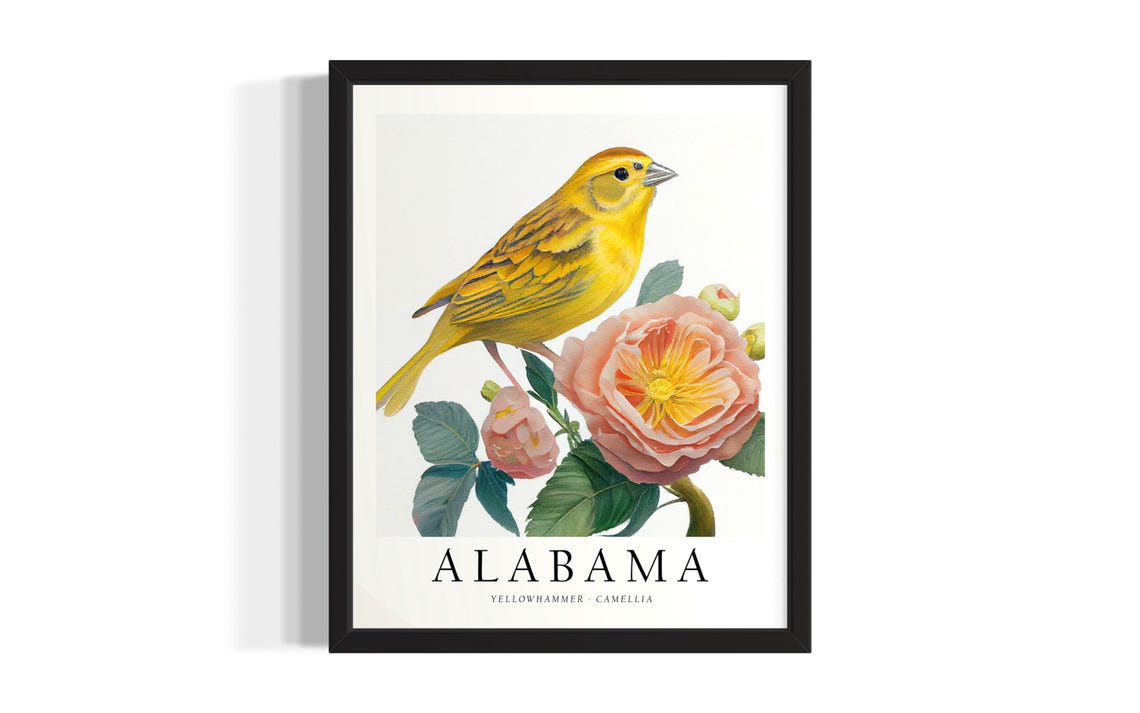 Alabama Yellowhammer Bird Camellia State Symbols Botanical Print