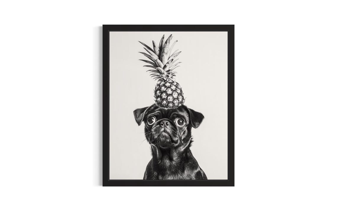 Pug Pineapple Hat Black and White Funny Animal Portrait Poster