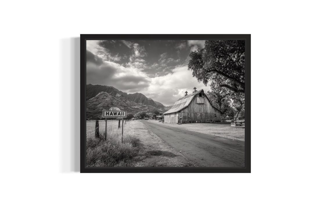 Black And White Hawaii Barn Photo Mountain Landscape Rustic Poster