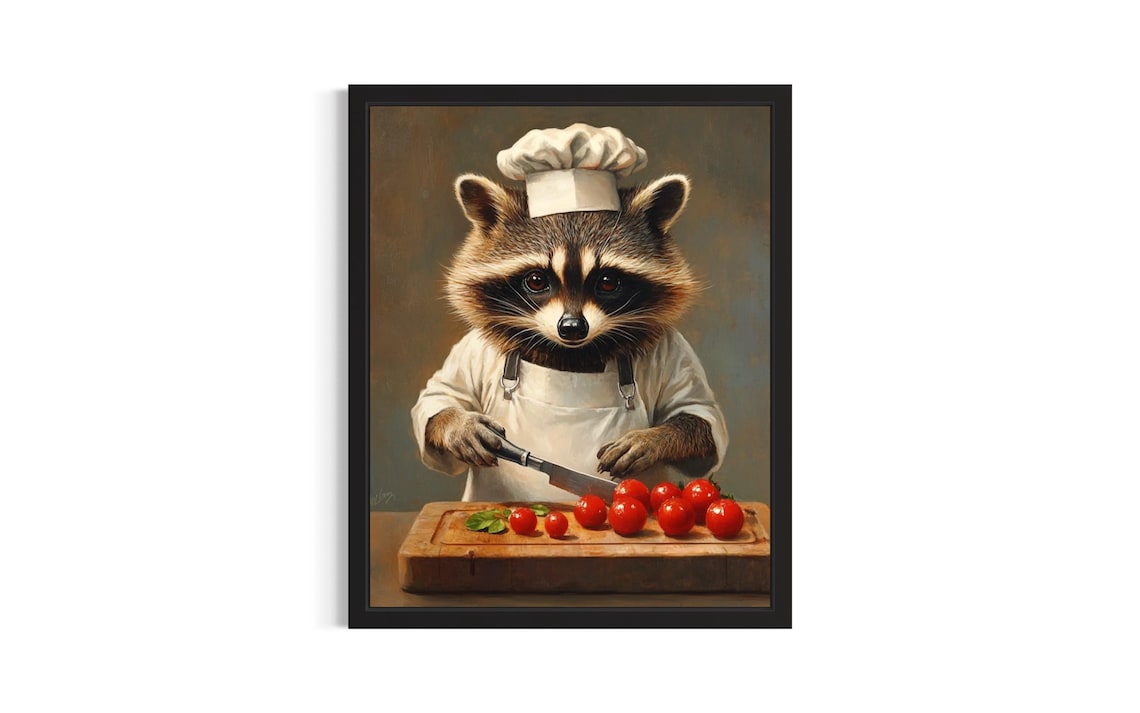 Raccoon Chef Oil Painting Portrait Woodland Kitchen Decor Poster