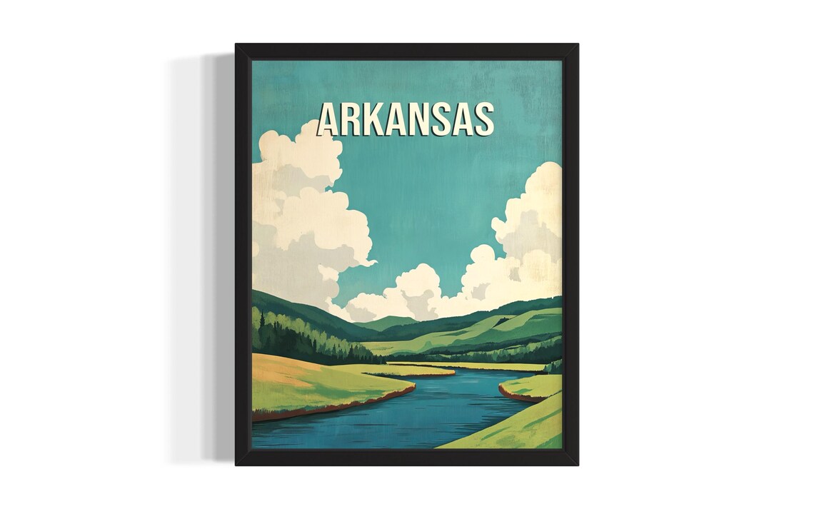 Arkansas River Valley Green Hills Retro Travel Landscape Poster