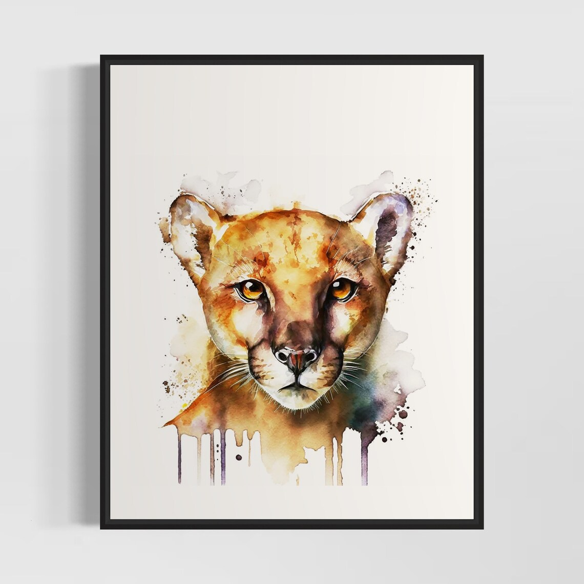 Mountain Lion Puma Front Portrait Golden Watercolor Wildlife Poster