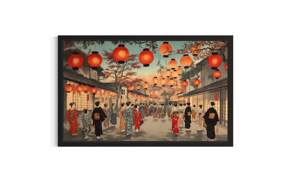 Lantern Festival Street at Dusk in Vintage Japanese Art Poster